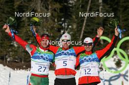18.02.2010, Whistler, Canada (CAN): Sergey Novikov (BLR), Madshus, Rottefella, Emil Hegle Svendsen (NOR), Madshus, Rottefella, Swix, Odlo, Ole Einar Bjoerndalen (NOR), Madshus, Rottefella, Odlo - Olympic Winter Games Vancouver 2010, biathlon, individual men, Whistler (CAN). www.nordicfocus.com. © NordicFocus. Every downloaded picture is fee-liable.