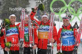 26.02.2010, Whistler, Canada (CAN): (l-r) Halvard Hanevold (NOR), Madshus, Rottefella, Swix, Odlo, Tarjei Boe (NOR), Madshus, Rottefella, Emil Hegle Svendsen (NOR), Madshus, Rottefella, Swix, Odlo, Ole Einar Bjoerndalen (NOR), Madshus, Rottefella, Odlo - Olympic Winter Games Vancouver 2010, biathlon, relay men, Whistler (CAN). www.nordicfocus.com. © NordicFocus. Every downloaded picture is fee-liable.