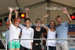 08.08.2010, Puettlingen, Germany (GER): (L-R): Kati Wilhelm (GER), Madshus, Rottefella, Swix, adidas, Simone Hauswald (GER), Fischer, Rottefella, Exel, adidas, Toko, Sandrine Bailly (FRA), Madshus, Rottefella, Swix, Odlo, Sandra Keith (CAN), Madshus, Rottefella, Halvard Hanevold (NOR), Madshus, Rottefella, Swix, Odlo - 6th ODLO City Biatlon, Puettlingen (GER). www.nordicfocus.com. © Manzoni/NordicFocus. Every downloaded picture is fee-liable.