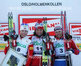 14.03.2010, Holmenkollen, Norway (NOR): podium, l-r: Kikkan Randall (USA), Fischer, Salomon, Marit Bjoergen (NOR), Fischer, Rottefella, Swix, Natalia Korosteleva (RUS), Madshus, Rottefella, Swix, adidas  - FIS world cup cross-country, individual sprint, Holmenkollen (NOR). www.nordicfocus.com. © Hemmersbach/NordicFocus. Every downloaded picture is fee-liable.