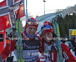 14.03.2010, Holmenkollen, Norway (NOR): Todays winners, l-r: Anders Gloersen (NOR), Fischer, Marit Bjoergen (NOR), Fischer, Rottefella, Swix  - FIS world cup cross-country, individual sprint, Holmenkollen (NOR). www.nordicfocus.com. © Hemmersbach/NordicFocus. Every downloaded picture is fee-liable.