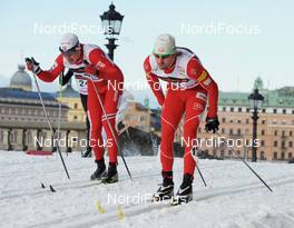 17.03.2010, Stockholm, Sweden (SWE): l-r: Ola Vigen Hattestad (NOR), Fischer, Rottefella, Swix, Andrew Newell (USA), Fischer, Salomon  - FIS world cup cross-country, individual sprint, Stockholm (SWE). www.nordicfocus.com. © Felgenhauer/NordicFocus. Every downloaded picture is fee-liable.
