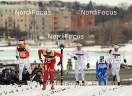 17.03.2010, Stockholm, Sweden (SWE): l-r: Emil Joensson (SWE), Fischer, Salomon, Craft, Petter Northug (NOR), Fischer, Rottefella, Alpina, Ski Go, Swix  Jesper Modin (SWE), Fischer, Salomon, Swix, Marcus Hellner (SWE), Fischer, Salomon, Exel, Craft   - FIS world cup cross-country, individual sprint, Stockholm (SWE). www.nordicfocus.com. © Felgenhauer/NordicFocus. Every downloaded picture is fee-liable.