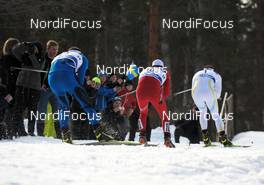 20.03.2010, Falun, Sweden (SWE): l-r: Jean Marc Gaillard (FRA), Fischer, Rottefella, Swix, Odlo, Eldar Roenning (NOR), Rossignol, Rottefella, Swix, Casco, Mats Larsson (SWE), Fischer, One Way, Craft, leading in the downhill - FIS world cup cross-country, pursuit men, Falun (SWE). www.nordicfocus.com. © Felgenhauer/NordicFocus. Every downloaded picture is fee-liable.