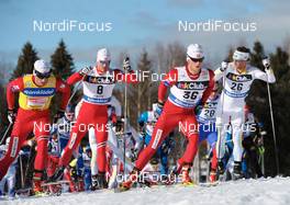 20.03.2010, Falun, Sweden (SWE): l-r: Petter Northug (NOR), Fischer, Rottefella, Alpina, Ski Go, Swix, Oystein Pettersen (NOR), Rossignol, Swix, Martin Johnsrud Sundby (NOR), Fischer, Rottefella, Alpina, Swix, Anders Soedergren (SWE), Fischer, Salomon, Craft  - FIS world cup cross-country, pursuit men, Falun (SWE). www.nordicfocus.com. © Felgenhauer/NordicFocus. Every downloaded picture is fee-liable.