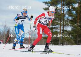 20.03.2010, Falun, Sweden (SWE): l-r: Riitta Liisa Roponen (FIN), Atomic, Salomon, Leki , Therese Johaug (NOR), Fischer, Salomon, Swix  - FIS world cup cross-country, pursuit women, Falun (SWE). www.nordicfocus.com. © Felgenhauer/NordicFocus. Every downloaded picture is fee-liable.