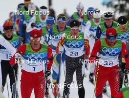 28.02.2010, Whistler, Canada (CAN): group, l-r: Jens Filbrich (GER), Rossignol, Rottefella, One Way, adidas, Petter Northug (NOR), Fischer, Rottefella, Alpina, Ski Go, Swix, Devon Kershaw (CAN), Fischer, Salomon, Swix, Odd-Bjoern Hjelmeset (NOR), Peltonen, Rottefella, One Way, Alpina  - Olympic Winter Games Vancouver 2010, cross-country, mass men, Whistler (CAN). www.nordicfocus.com. © NordicFocus. Every downloaded picture is fee-liable.