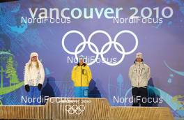 15.02.2010, Whistler, Canada (CAN): l-r: Kristina Smigun (EST), Fischer, Rottefella, Charlotte Kalla (SWE), Fischer, Salomon, Swix, Craft, Marit Bjoergen (NOR), Fischer, Rottefella, Swix  - Olympic Winter Games Vancouver 2010, cross-country, medals, Whistler (CAN). www.nordicfocus.com. © NordicFocus. Every downloaded picture is fee-liable.