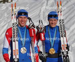 18.02.2010, Whistler, Canada (CAN): medal, l-r: Alexander Panzhinskiy (RUS), Adidas, Rossignol, Swix and Nikita Kriukov (RUS), Rossignol, Rottefella, Swix, adidas  - Olympic Winter Games Vancouver 2010, cross-country, medals, Whistler (CAN). www.nordicfocus.com. © NordicFocus. Every downloaded picture is fee-liable.