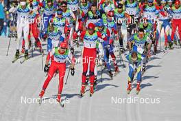 20.02.2010, Whistler, Canada (CAN): group, start, in front l-r: Dario Cologna (SUI), Fischer, Rottefella, Alpina, Swix, adidas, Petter Northug (NOR), Fischer, Rottefella, Alpina, Ski Go, Swix   - Olympic Winter Games Vancouver 2010, cross-country, pursuit men, Whistler (CAN). www.nordicfocus.com. © NordicFocus. Every downloaded picture is fee-liable.