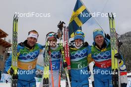 24.02.2010, Whistler, Canada (CAN): team Sweden (SWE), l-r: Anders Soedergren (SWE), Fischer, Salomon, Craft, Marcus Hellner (SWE), Fischer, Salomon, Exel, Craft, Johan Olsson (SWE), Madshus, Salomon, Leki, Craft, Daniel Rickardsson (SWE), Fischer, Salomon, Swix  - Olympic Winter Games Vancouver 2010, cross-country, 4x10km men, Whistler (CAN). www.nordicfocus.com. © NordicFocus. Every downloaded picture is fee-liable.