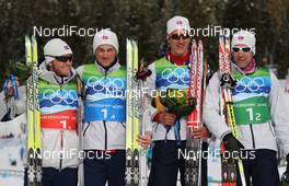24.02.2010, Whistler, Canada (CAN): Team Norway, l-r: Martin Johnsrud Sundby (NOR), Fischer, Rottefella, Alpina, Swix, Petter Northug (NOR), Fischer, Rottefella, Alpina, Ski Go, Swix, Lars Berger (NOR), Madshus, Rottefella, Swix, Odd-Bjoern Hjelmeset (NOR), Peltonen, Rottefella, One Way, Alpina  - Olympic Winter Games Vancouver 2010, cross-country, 4x10km men, Whistler (CAN). www.nordicfocus.com. © NordicFocus. Every downloaded picture is fee-liable.