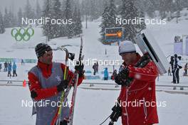 11.02.2010, Whistler, Canada (CAN): Juerg Capol (SUI), FIS race director cross-country (left) with a swiss timing technician - Olympic Winter Games Vancouver 2010, cross-country, training, Whistler (CAN). www.nordicfocus.com. © NordicFocus. Every downloaded picture is fee-liable.