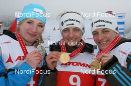 14.01.2010, Marbach, Switzerland (SUI): (l-r) the juniors podium with Lucija Stanisic (SUI), Patricia Sprecher (SUI), Stefanie Sprecher (SUI)  - Swiss National Championships 2010, cross-country, women, Marbach (SUI). www.nordicfocus.com. © Manzoni/NordicFocus. Every downloaded picture is fee-liable.
