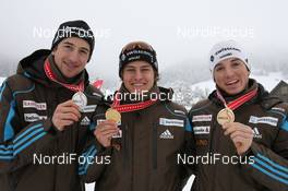 14.01.2010, Marbach, Switzerland (SUI): (l-r) The juniors podium with Ueli Schnider (SUI), Roman Furger (SUI), Jonas Baumann (SUI) - Swiss National Championships 2010, cross-country, men, Marbach (SUI). www.nordicfocus.com. © Manzoni/NordicFocus. Every downloaded picture is fee-liable.