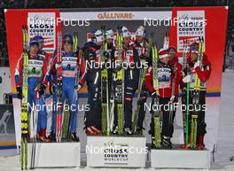 21.11.2010, Gaellivare, Sweden (SWE): Podium, l-r: 2nd Team Russia, 1st Team Sweden, 3rd Team Norway - FIS world cup cross-country, 4x10km men, Gaellivare (SWE). www.nordicfocus.com. © Hemmersbach/NordicFocus. Every downloaded picture is fee-liable.