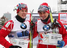 05.12.2010, Duesseldorf, Germany (GER): todays winner, l-r: Anders Gloersen (NOR), Fischer and Ola Vigen Hattestad (NOR), Fischer, Rottefella, Swix  - FIS world cup cross-country, team sprint, Duesseldorf (GER). www.nordicfocus.com. © Hemmersbach/NordicFocus. Every downloaded picture is fee-liable.