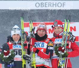 31.12.2010, Oberhof, Germany (GER): podium, l-r: Charlotte Kalla (SWE), Fischer, Salomon, Swix, Craft, Justyna Kowalczyk (POL), Fischer, Salomon, Swix, Astrid Uhrenholdt Jacobsen (NOR), Fischer, Rottefella, Swix  - FIS world cup cross-country, tour de ski, prologue women, Oberhof (GER). www.nordicfocus.com. © Hemmersbach/NordicFocus. Every downloaded picture is fee-liable.