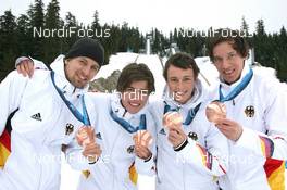 24.02.2010, Whistler, Canada (CAN): Team Germany with Bjoern Kircheisen (GER), Fischer, Rottefella, Johannes Rydzek (GER), Eric Frenzel (GER), Fischer, Salomon, adidas, Tino Edelmann (GER), Elan, Madshus, Rottefella, adidas - Olympic Winter Games Vancouver 2010, nordic combined, medals, Whistler (CAN). www.nordicfocus.com. © NordicFocus. Every downloaded picture is fee-liable.