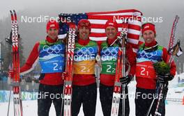 23.02.2010, Whistler, Canada (CAN): Team USA, l-r: Bill Demong (USA), Atomic, Johnny Spillane (USA), Atomic, Todd Lodwick (USA), Atomic, Brett Camerota (USA)  - Olympic Winter Games Vancouver 2010, nordic combined, team HS140/4x5km, Whistler (CAN). www.nordicfocus.com. © NordicFocus. Every downloaded picture is fee-liable.