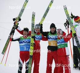 23.02.2010, Whistler, Canada (CAN):l-r: Mario Stecher (AUT), Fischer, Rottefella, Bernhard Gruber (AUT), Fischer, Rottefella, Felix Gottwald (AUT), Fischer, David Kreiner (AUT), Fischer, Salomon, Komperdell  - Olympic Winter Games Vancouver 2010, nordic combined, team HS140/4x5km, Whistler (CAN). www.nordicfocus.com. © NordicFocus. Every downloaded picture is fee-liable.