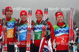 23.02.2010, Whistler, Canada (CAN): Johnny Spillane (USA), Atomic, Bill Demong (USA), Atomic, Todd Lodwick (USA), Atomic, Brett Camerota (USA)  - Olympic Winter Games Vancouver 2010, nordic combined, team HS140/4x5km, Whistler (CAN). www.nordicfocus.com. © NordicFocus. Every downloaded picture is fee-liable.
