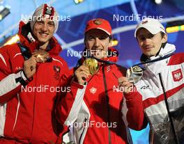13.02.2010, Whistler, Canada (CAN):l-r: Gregor Schlierenzauer (AUT), Fischer , Simon Ammann (SUI), Fischer, Adam Malysz (POL), Fischer  - Olympic Winter Games Vancouver 2010, ski jumping, medals, Whistler (CAN). www.nordicfocus.com. © NordicFocus. Every downloaded picture is fee-liable.