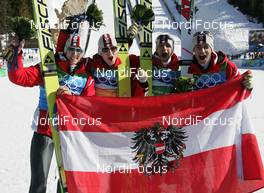 22.02.2010, Whistler, Canada (CAN): l-r: Gregor Schlierenzauer (AUT), Fischer, Thomas Morgenstern (AUT), Fischer, Andreas Kofler (AUT), Fischer, Wolfgang Loitzl (AUT), Atomic  - Olympic Winter Games Vancouver 2010, ski jumping, team HS140, Whistler (CAN). www.nordicfocus.com. © NordicFocus. Every downloaded picture is fee-liable.