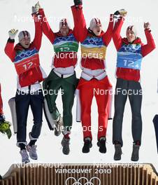 22.02.2010, Whistler, Canada (CAN): l-r:Wolfgang Loitzl (AUT), Atomic, Andreas Kofler (AUT), Fischer,  Thomas Morgenstern (AUT), Fischer, Gregor Schlierenzauer (AUT), Fischer  - Olympic Winter Games Vancouver 2010, ski jumping, team HS140, Whistler (CAN). www.nordicfocus.com. © NordicFocus. Every downloaded picture is fee-liable.