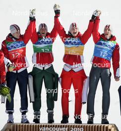 22.02.2010, Whistler, Canada (CAN): l-r:Wolfgang Loitzl (AUT), Atomic, Andreas Kofler (AUT), Fischer,  Thomas Morgenstern (AUT), Fischer, Gregor Schlierenzauer (AUT), Fischer  - Olympic Winter Games Vancouver 2010, ski jumping, team HS140, Whistler (CAN). www.nordicfocus.com. © NordicFocus. Every downloaded picture is fee-liable. 