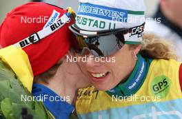07.03.2010, Mora, Sweden (SWE): Group, Sandra Hansson (SWE), Solomon, (right) congratulates todays winner Susanne Nystroem (SWE), Madhus - Worldloppet / FIS Marathon Cup Vasaloppet, Mora (SWE). www.nordicfocus.com. © Hemmersbach/NordicFocus. Every downloaded picture is fee-liable.