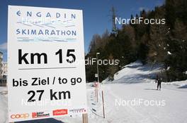 13.03.2010, Scuol, Switzerland (SUI): Track feature: Road sign at 15km - FIS Marathon Cup Engadin Skimarathon, Scuol (SUI). www.nordicfocus.com. © Manzoni/NordicFocus. Every downloaded picture is fee-liable.