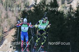 16.01.2011, Ruhpolding, Germany (GER): (L-R): Ivan Tcherezov (RUS), Fischer, Rottefella, Swix, adidas, Martin Fourcade (FRA), Rossignol, Rottefella, OneWay, Odlo - IBU world cup biathlon, pursuit men, Ruhpolding (GER). www.nordicfocus.com. © Manzoni/NordicFocus. Every downloaded picture is fee-liable.
