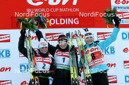 16.01.2011, Ruhpolding, Germany (GER): (L-R): Andrea Henkel (GER), Fischer, Rottefella, Exel, adidas, Toko, Tora Berger (NOR), Fischer, Rottefella, Odlo, Kaisa Maekaeraeinen (FIN), Fischer, Rottefella, Leki, Odlo - IBU world cup biathlon, pursuit women, Ruhpolding (GER). www.nordicfocus.com. © Manzoni/NordicFocus. Every downloaded picture is fee-liable.