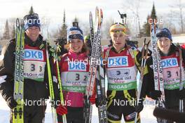 05.02.2011, Presque Isle, United States of America (USA): (l-r). Vincent Jay (FRA), Fischer, Rottefella, OneWay, Sofie Boilley (FRA), Rossignol, Rottefella, OneWay, Alexis Boeuf (FRA), Salomon, Swix, OneWay,Marie Laure Brunet (FRA), Rossignol, Rottefella, Swix - IBU world cup biathlon, relay mixed, Presque Isle (USA). www.nordicfocus.com. © Manzoni/NordicFocus. Every downloaded picture is fee-liable.