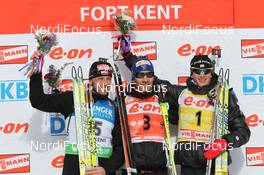 13.02.2011, Fort Kent, United States of America (USA): (L-R): Tomasz Sikora (POL), Fischer, Rottefella,  OneWay, Martin Fourcade (FRA), Rossignol, Rottefella, OneWay, Odlo, Tarjei Boe (NOR), Fischer, Rottefella, Swix, ODLO - IBU world cup biathlon, mass men, Fort Kent (USA). www.nordicfocus.com. © Manzoni/NordicFocus. Every downloaded picture is fee-liable.
