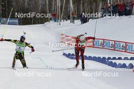 12.02.2011, Fort Kent, United States of America (USA): (l-r) Martin Fourcade (FRA), Rossignol, Rottefella, OneWay, Odlo, Emil Hegle Svendsen (NOR), Madshus, Rottefella, Swix, Odlo - IBU world cup biathlon, pursuit men, Fort Kent (USA). www.nordicfocus.com. © Manzoni/NordicFocus. Every downloaded picture is fee-liable.