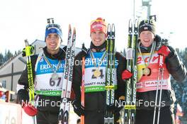 05.03.2011, Khanty-Mansiysk, Russia (RUS): (l-r): Martin Fourcade (FRA), Rossignol, Rottefella, OneWay, Odlo, Arnd Peiffer (GER), Fischer, Salomon, Swix, adidas, Tarjei Boe (NOR), Fischer, Rottefella, Swix, ODLO - IBU world championships biathlon, medals, Khanty-Mansiysk (RUS). www.nordicfocus.com. © Manzoni/NordicFocus. Every downloaded picture is fee-liable.