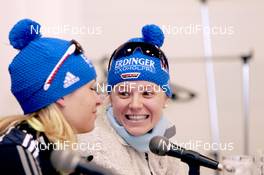 11.03.2011, Khanty-Mansiysk, Russia (RUS): Magdalena Neuner (GER), Fischer, Rottefella, Exel, adidas Miriam Goessner (GER), Fischer, Salomon, Swix, adidas, - IBU world championships biathlon, Erdinger pressconference, Khanty-Mansiysk (RUS). www.nordicfocus.com. © Manzoni/NordicFocus. Every downloaded picture is fee-liable.