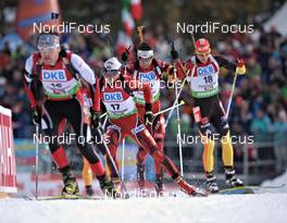 10.12.2011, Hochfilzen, Austria (AUT): Michail Kletcherov (BUL), Fischer, Alpina, and Ole Einar Bjoerndalen (NOR), Madshus, Rottefella, Odlo together in a chasing group - IBU world cup biathlon, pursuit men, Hochfilzen (AUT). www.nordicfocus.com. © Felgenhauer/NordicFocus. Every downloaded picture is fee-liable.
