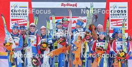 06.02.2011, Rybinsk, Russia (RUS): podium, l-r: 2nd Team Russia I, 1st Team Italy, 3rd Team Russia II  - FIS world cup cross-country, 4x5km women, Rybinsk (RUS). www.nordicfocus.com. © Hemmersbach/NordicFocus. Every downloaded picture is fee-liable.