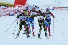 06.02.2011, Rybinsk, Russia (RUS): last change, in front l-r: Laure Barthelemy (FRA), Fischer, Salomon, Swix, One Way, Celia Bourgois (FRA), Fischer, Rottefella, One Way  - FIS world cup cross-country, 4x5km women, Rybinsk (RUS). www.nordicfocus.com. © Hemmersbach/NordicFocus. Every downloaded picture is fee-liable.