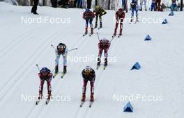 12.03.2011, Lahti, Finland (FIN): a group of skiers in a downhill  - FIS world cup cross-country, pursuit women, Lahti (FIN). www.nordicfocus.com. © Laiho/NordicFocus. Every downloaded picture is fee-liable.