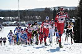 19.03.2011, Falun, Sweden (SWE): Ola Vigen Hattestad (NOR), Fischer, Rottefella, Swix, ahead of Eldar Roenning (NOR), Rossignol, Rottefella, Swix, Emil Joensson (SWE), Fischer, Salomon, Craft and Dario Cologna (SUI), Fischer, Rottefella, Alpina, Swix, Odlo  - FIS world cup cross-country, pursuit men, Falun (SWE). www.nordicfocus.com. © Felgenhauer/NordicFocus. Every downloaded picture is fee-liable.