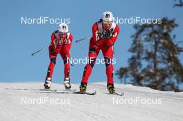 05.03.2011, Oslo, Norway (NOR): in front Marit Bjoergen (NOR), Fischer, Rottefella, Swix, behind Therese Johaug (NOR), Fischer, Salomon, Swix  - FIS nordic world ski championships, cross-country, mass  women, Oslo (NOR). www.nordicfocus.com. © Hemmersbach/NordicFocus. Every downloaded picture is fee-liable.