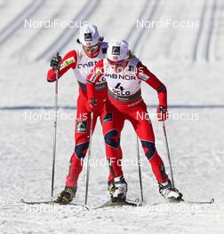 05.03.2011, Oslo, Norway (NOR): l-r: Marit Bjoergen (NOR), Fischer, Rottefella, Swix and Therese Johaug (NOR), Fischer, Salomon, Swix  - FIS nordic world ski championships, cross-country, mass  women, Oslo (NOR). www.nordicfocus.com. © Hemmersbach/NordicFocus. Every downloaded picture is fee-liable.
