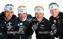 04.03.2011, Oslo, Norway (NOR): Team Sweden, l-r: Marcus Hellner (SWE), Fischer, Salomon, Exel, Craft, Johan Olsson (SWE), Madshus, Salomon, Leki, Craft, Anders Soedergren (SWE), Fischer, Salomon, Craft, Daniel Rickardsson (SWE), Fischer, Salomon, Swix  - FIS nordic world ski championships, cross-country, medals, Oslo (NOR). www.nordicfocus.com. © Hemmersbach/NordicFocus. Every downloaded picture is fee-liable.