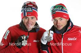 02.03.2011, Oslo, Norway (NOR): l-r: Ola Vigen Hattestad (NOR), Fischer, Rottefella, Swix and Petter Northug (NOR), Fischer, Rottefella, Alpina, Ski Go, Swix   - FIS nordic world ski championships, cross-country, medals, Oslo (NOR). www.nordicfocus.com. © Hemmersbach/NordicFocus. Every downloaded picture is fee-liable.