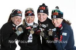 03.03.2011, Oslo, Norway (NOR): l-r: Krista Lahteenmaki (FIN), Madshus, Craft, Rottefella, Riitta Liisa Roponen (FIN), Atomic, Salomon, Leki, Pirjo Muranen (FIN), Fischer, Rottefella, Exel, Aino Kaisa Saarinen (FIN), Rossignol, Rottefella, Alpina, One Way, Craft  - FIS nordic world ski championships, cross-country, medals, Oslo (NOR). www.nordicfocus.com. © Hemmersbach/NordicFocus. Every downloaded picture is fee-liable.