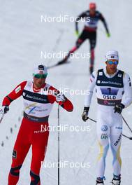 04.03.2011, Oslo, Norway (NOR): Petter Northug (NOR), Fischer, Swix, Alpina, Rottefella, Skigo ahead of Marcus Hellner (SWE), Fischer, Swix, Salomon, Craft and Tobias Angerer (GER), Rossignol, One Way, Rottefella, Adidas   - FIS nordic world ski championships, cross-country, 4x10km men, Oslo (NOR). www.nordicfocus.com. © Laiho/NordicFocus. Every downloaded picture is fee-liable.